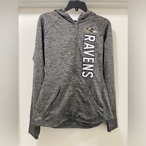 Size Small Gray Woman’s Baltimore Ravens light zip up sweatshirt with hood.